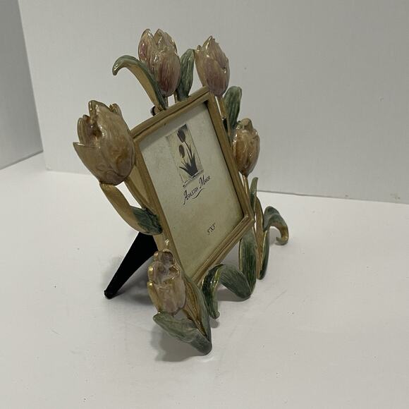 Ashleigh Manor Photo Frame Gold Enameled Tulips 3 X 3 Vintage Pink Floral - Picture 7 of 9